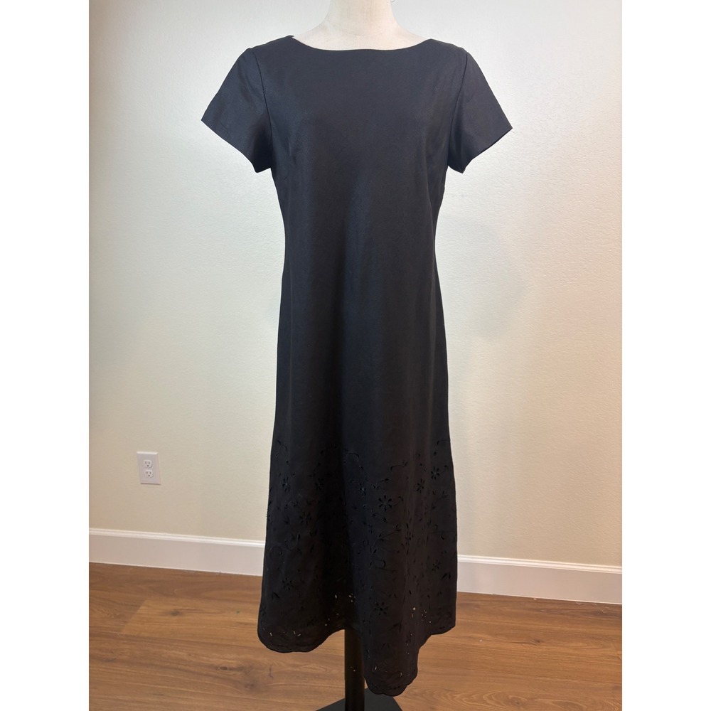 Talbots Irish Linen Midi Dress Women 10P Black Eyelet Hem Sheath Lagenlook Boho